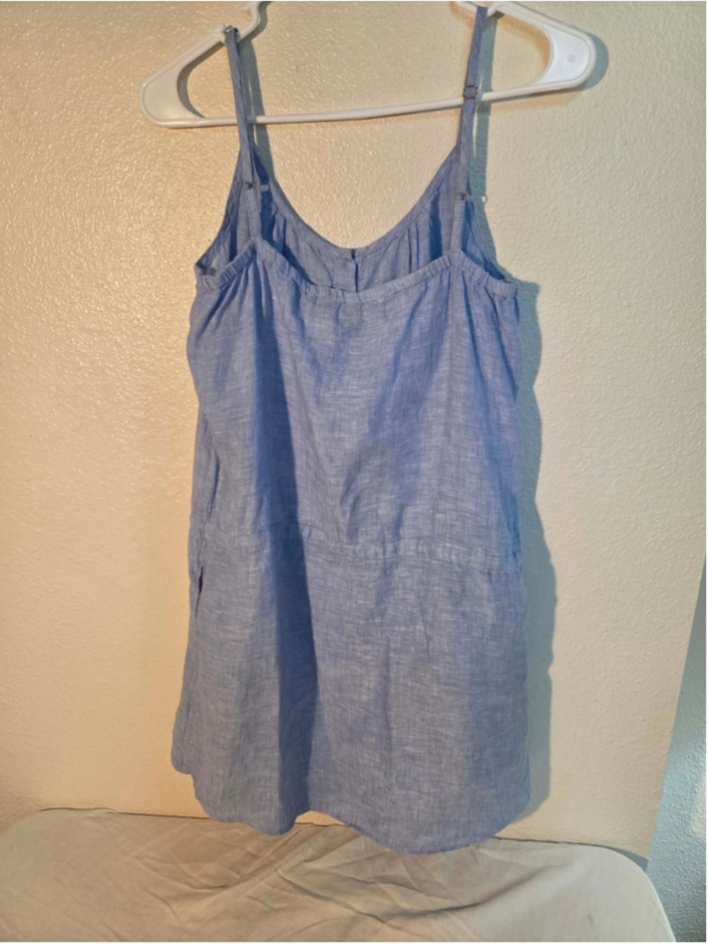 Lands' End 100% Linen Button Front Spaghetti Strap Tunic Dress Blue XS 2-4 W-278